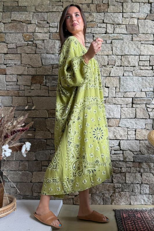 Kasbah Bubble Cotton Bandana Peasant Dress Olive